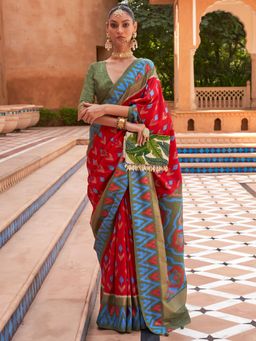 Akhilam - Women's Silk Blend Red Woven Design Designer Saree with Unstitched Blouse