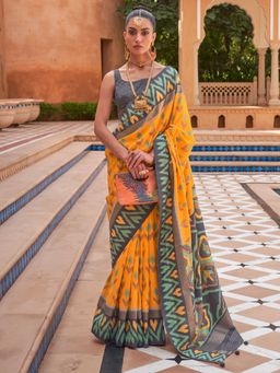 Akhilam - Women's Silk Blend Yellow Woven Design Designer Saree with Unstitched Blouse