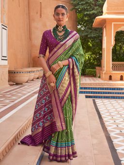 Akhilam - Women's Silk Blend Olive Woven Design Designer Saree with Unstitched Blouse