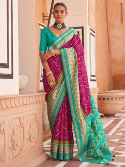 Akhilam - Women's Silk Blend Magenta Woven Design Designer Saree with Unstitched Blouse