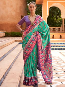 Akhilam - Women's Silk Blend Sea Green Woven Design Designer Saree with Unstitched Blouse