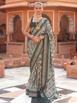 Akhilam - Women's Silk Blend Grey & Green Woven Design Designer Saree with Unstitched Blouse