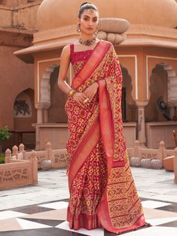 Akhilam - Women's Silk Blend Red Woven Design Designer Saree with Unstitched Blouse