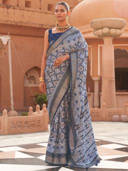 Akhilam - Women's Silk Blend Grey & Blue Woven Design Designer Saree with Unstitched Blouse