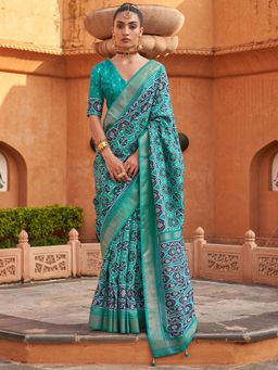 Akhilam - Women's Silk Blend Blue Woven Design Designer Saree with Unstitched Blouse
