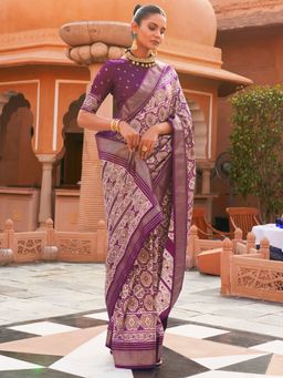 Akhilam - Women Silk Blend Grey & Purple Woven Design Designer Saree with Unstitched Blouse