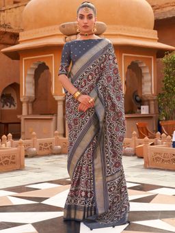 Akhilam - Women's Silk Blend Grey Woven Design Designer Saree with Unstitched Blouse