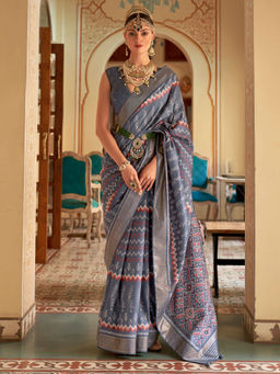 Akhilam - Women's Silk Blend Grey Woven Design Designer Saree with Unstitched Blouse