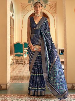 Akhilam - Women's Silk Blend Navy Blue Woven Design Designer Saree with Unstitched Blouse