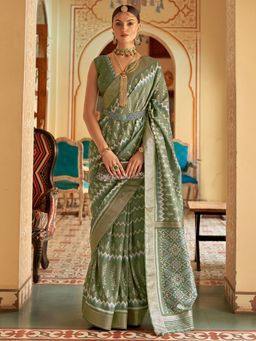 Akhilam - Women's Silk Blend Olive Woven Design Designer Saree with Unstitched Blouse