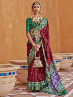 Akhilam - Women's Silk Blend Maroon Woven Design Designer Saree with Unstitched Blouse