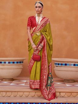 Akhilam - Women's Silk Blend Olive Woven Design Designer Saree with Unstitched Blouse