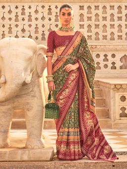 Akhilam - Women's Silk Blend Green Embellished Designer Saree with Unstitched Blouse