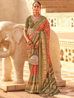 Akhilam - Women's Silk Blend Orange Embellished Designer Saree with Unstitched Blouse