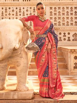 Akhilam - Women's Silk Blend Navy Blue Embellished Designer Saree with Unstitched Blouse