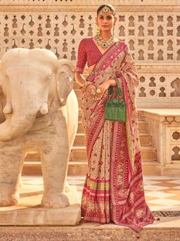 Akhilam - Women's Silk Blend Beige Embellished Designer Saree with Unstitched Blouse
