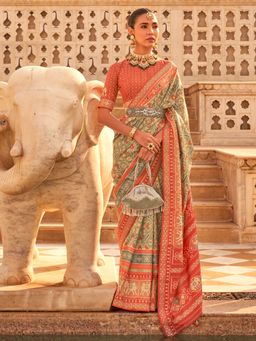 Akhilam - Women's Silk Blend Olive Embellished Designer Saree with Unstitched Blouse