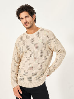 Styli - Men Checkered Crochet Knit Relaxed Fit Sweater