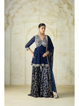 Gopi Vaid - Navy Blue Rida Peplum Kurta with Sharara & Dupatta