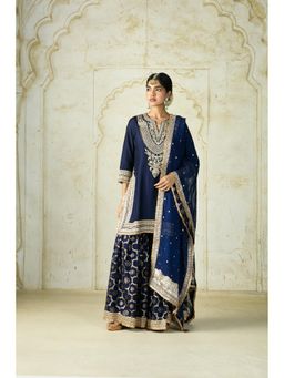 Gopi Vaid - Navy Blue Ameena Embroidered Kurti with Sharara & Dupatta