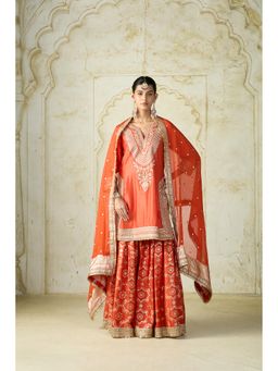 Gopi Vaid - Orange Ameena Embroidered Kurti with Sharara & Dupatta