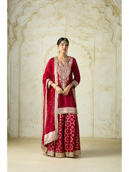 Gopi Vaid - Red Ameena Embroidered Kurti with Sharara & Dupatta