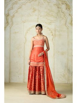 Gopi Vaid - Orange Zainab Embroidered Strappy Kurti with Sharara & Dupatta
