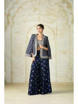 Gopi Vaid - Navy Blue Shaina Embellished Jacket with Blouse and Palazzo