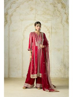 Gopi Vaid - Red Lakshmi Embroidered Kurta with Palazzo and Dupatta