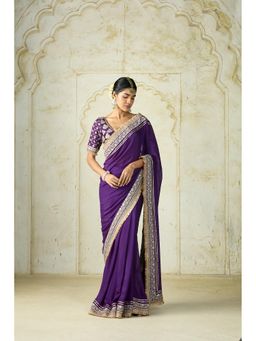 Gopi Vaid - Purple Hunr Embroidered Saree with Stitched Blouse