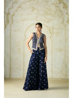 Gopi Vaid - Navy Blue Mizna Embroidered Vest and Pant