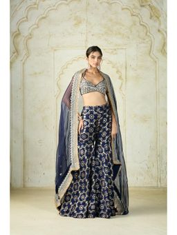 Gopi Vaid - Navy Blue Farhat Embroidered Blouse with Sharara & Dupatta