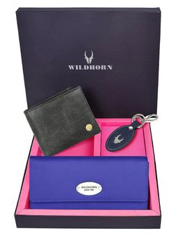 WILDHORN - Premium Leather Ladies Wallet, Mens Wallet and Keychain Gift -1K_BL_2052BKM_K (Set of 3)