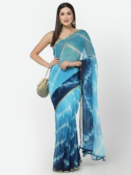 KISHORI - Women Chiffon Leheriya and Zari Weaving Saree with Unstitched Blouse - Blue