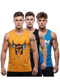 T.T. - Cotton Printed Regular Fit Round Neck Muscle Vest (Pack Of 3)