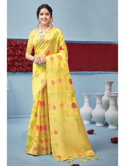 EXCLUSIVA - Yellow Organza Saree with Unstitched Blouse