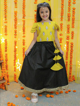 Lil Peacock - Yellow and Black Ghagra with Ruffle Sleeves Choli (Set of 2)