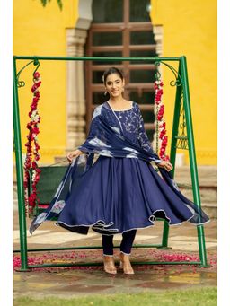 GAYRAA - Navy Blue Embroidered Anarkali Pant & Dupatta (Set of 3)