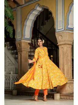 GAYRAA - Yellow Cotton Printed Anarkali Pant & Dupatta (Set of 3)