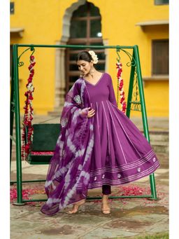 GAYRAA - Purple Cotton Gota Anarkali Pant & Dupatta (Set of 3)