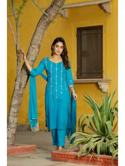 GAYRAA - Turquoise Cotton Embroidered Kurta Pant & Dupatta (Set of 3)