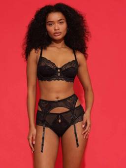 Chelvet - Black Lace Garter Belt with Sheer Panels