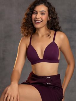 Chelvet - Wine Padded Wire Free Demi Coverage Plunge Bra