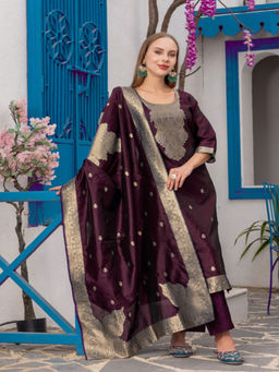 BLACK SCISSOR - Wine Polyester Blend Kurta with Pant & Banarasi Silk Dupatta (Set of 3)