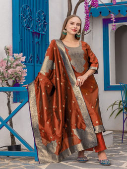 BLACK SCISSOR - Orange Polyester Blend Kurta with Pant & Banarasi Silk Dupatta (Set of 3)