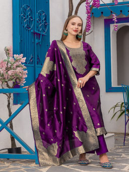 BLACK SCISSOR - Purple Polyester Blend Kurta with Pant & Banarasi Silk Dupatta (Set of 3)