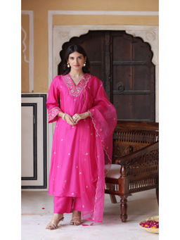 BLACK SCISSOR - Women Pink Embroidered Flared Kurta with Pant & Dupatta (Set of 3)
