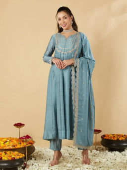 BLACK SCISSOR - Women Aqua Embroidered Flared Anarkali Kurta with Pant & Dupatta (Set of 3)