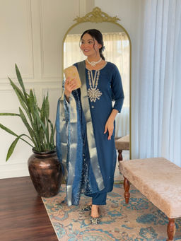 BLACK SCISSOR - Women Teal Embroidered Straight Kurta with Pant & Dupatta (Set of 3)
