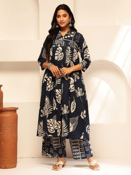 Vbuyz - Women Navy Blue Leaf Anarkali Cotton Kurta with Palazzo (Set of 2)